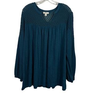 Style & Co Teal Blue Lace Trim V-neck Relaxed Fit Plus Size Blouse 2X Stretch